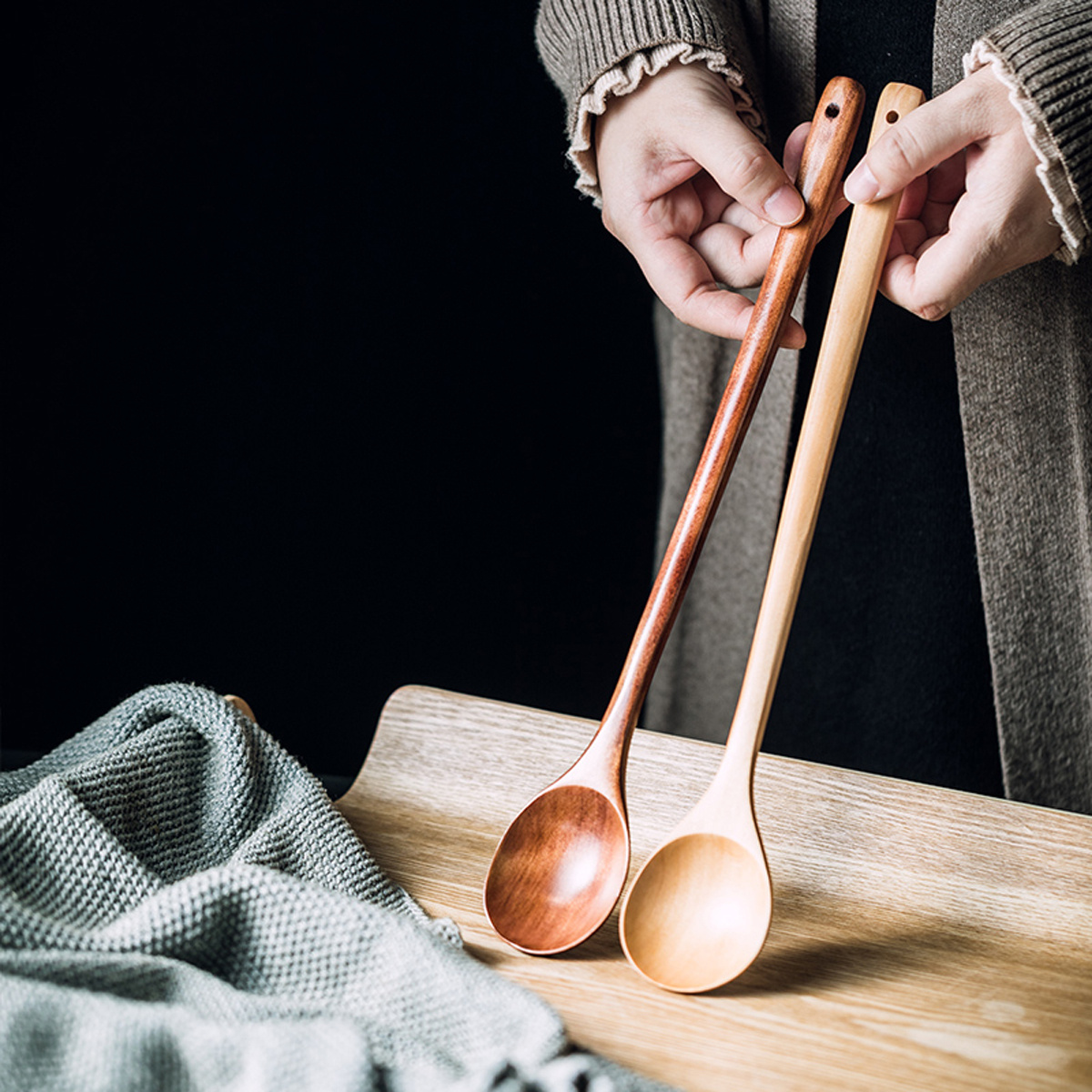 Long Handle Spoons Wooden Korean Style Natural Round Soup Mixing Kitchen  Utensil