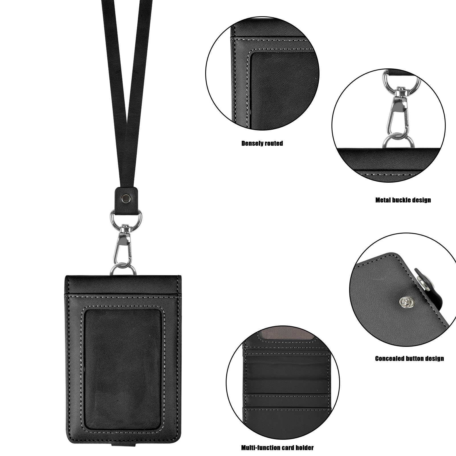 ID Badge Holder with Lanyard, PU Leather Vertical 2-Sided 4 Card