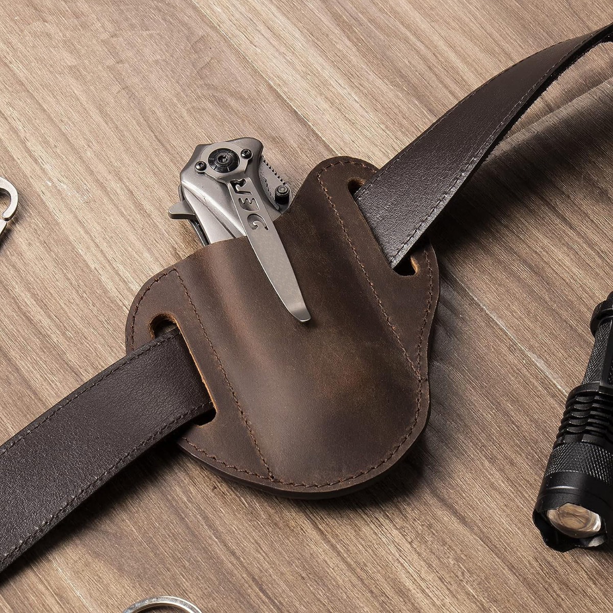Handmade Leather Pocket Knife Sheath For Belt Edc Belt - Temu