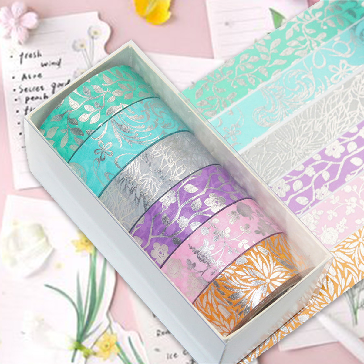 Washi Tape Boxed Fresh Silver Stamping Simple Colorful Flower Tape - Temu