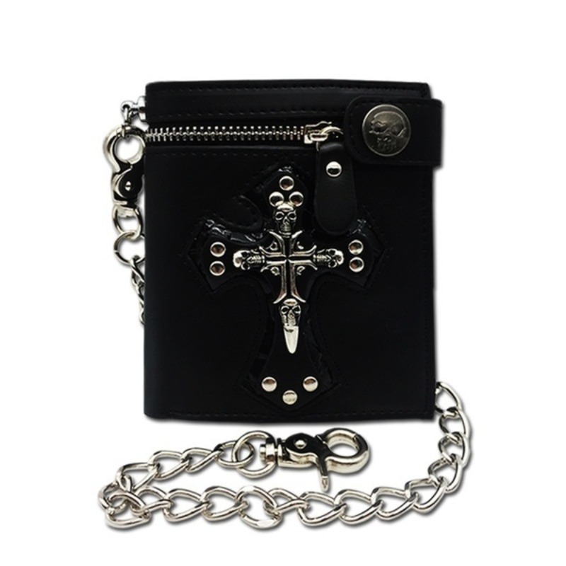 

1pc Men's Gothic Retro Short Wallet, Punk Style Skull Portable Faux Leather Wallet, Biker Purse With Chain