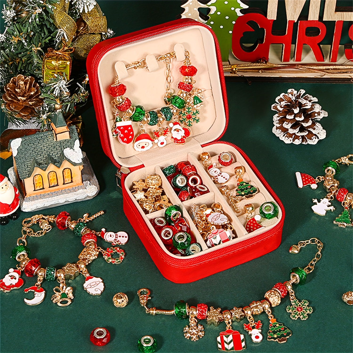 Diy Bracelet Set Christmas Theme Elements Glass Rice Beads - Temu