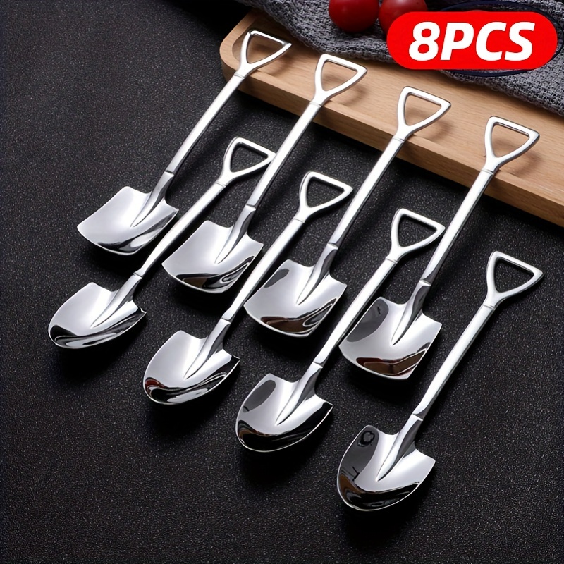 Metal Stir Sticks 4 Pcs Shovel Spoon Fork Ice Cream Spoon Fruit Fork Stainless Steel Coffee Spoon Shovel Shape Fork for Bistro Cocktail Tasting Home