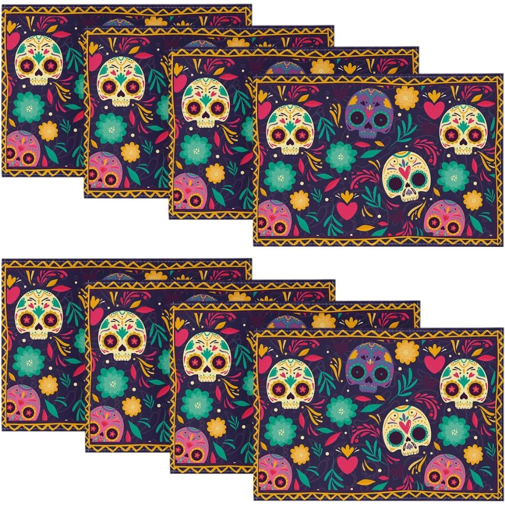 Linen Placemats Skulls Floral Day Of The Dead Halloween - Temu