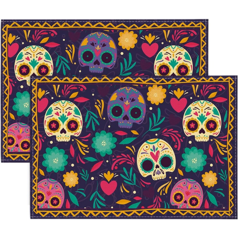 Linen Placemats Skulls Floral Day Of The Dead Halloween - Temu