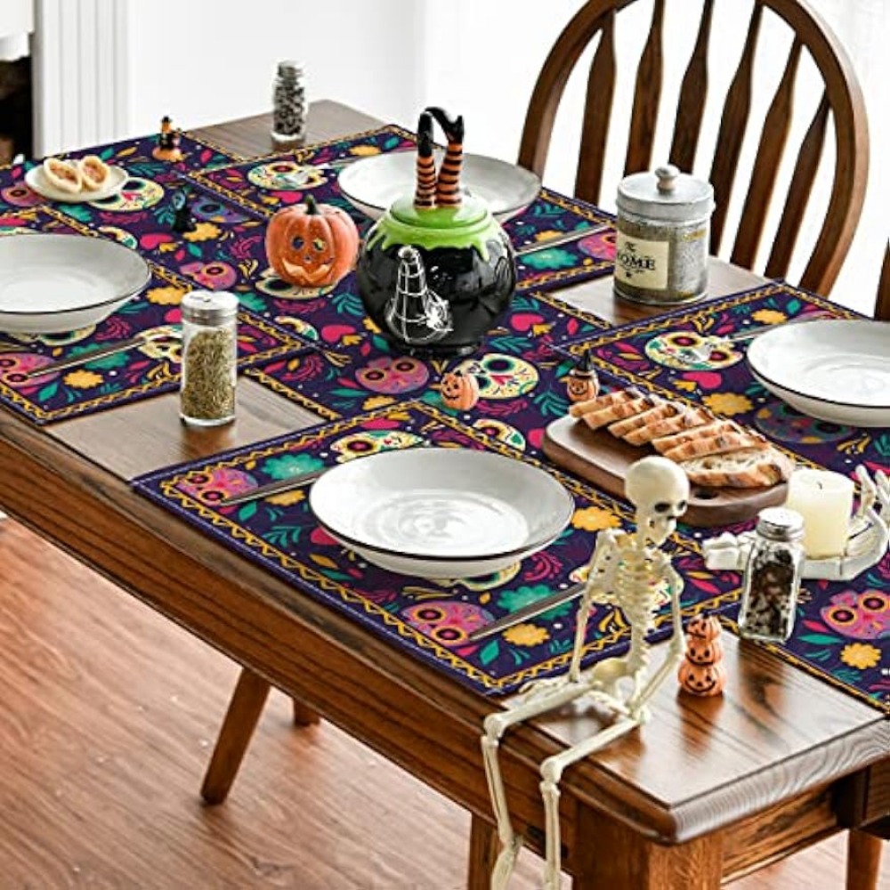 Linen Placemats Skulls Floral Day Of The Dead Halloween - Temu