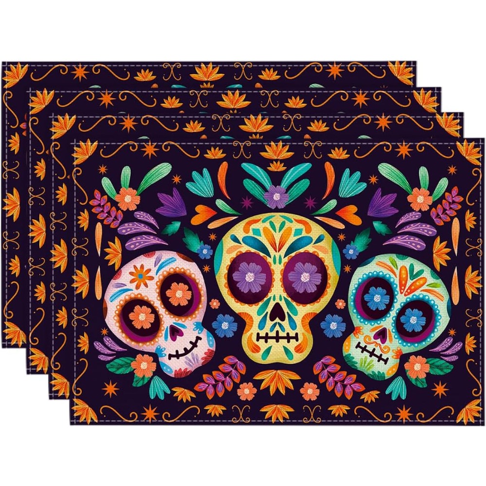 Linen Placemats Skulls Floral Day Of The Dead Halloween - Temu