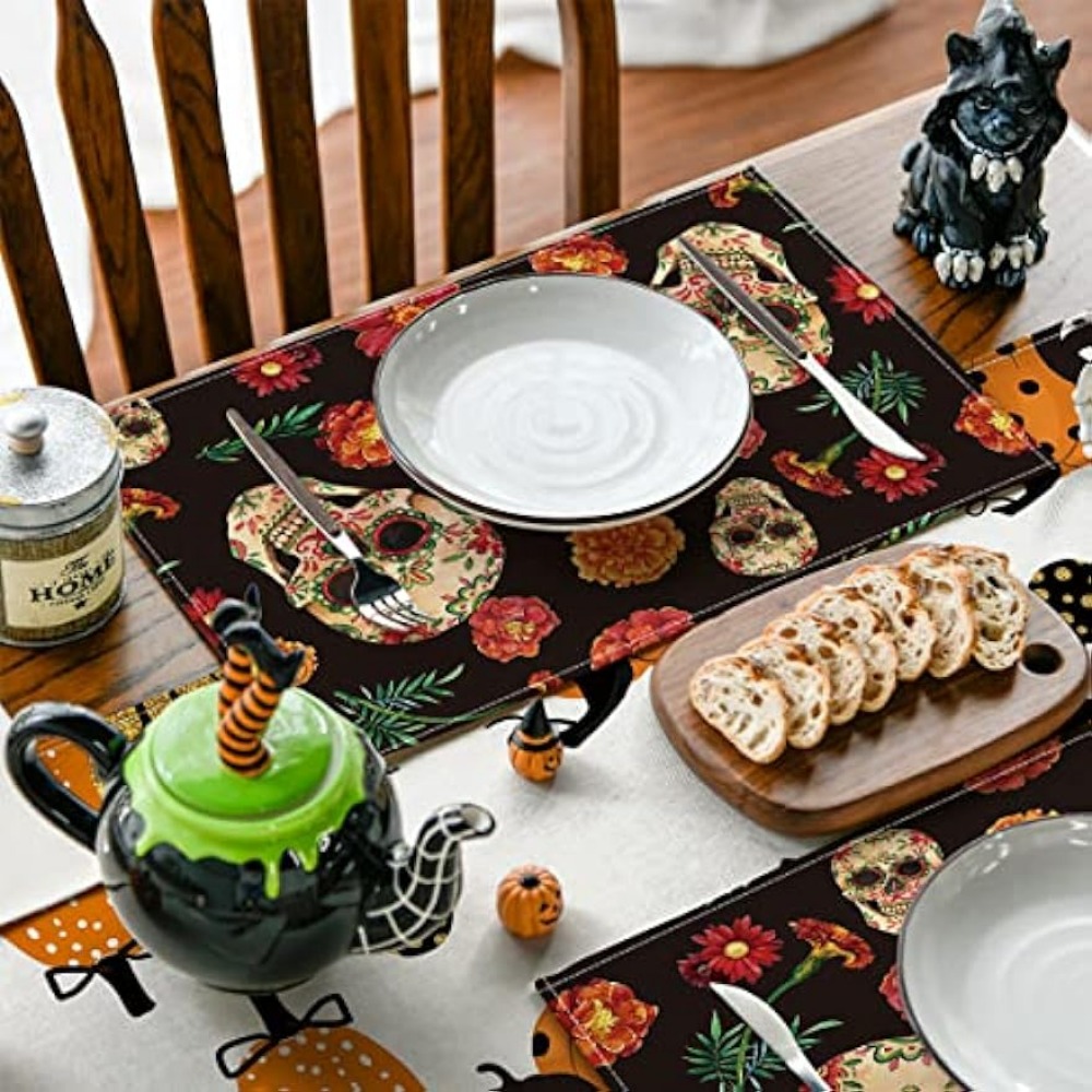Linen Placemats Skulls Floral Day Of The Dead Halloween - Temu