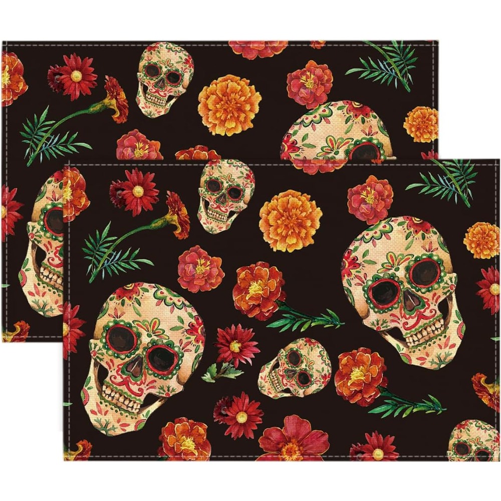 Linen Placemats Skulls Floral Day Of The Dead Halloween - Temu