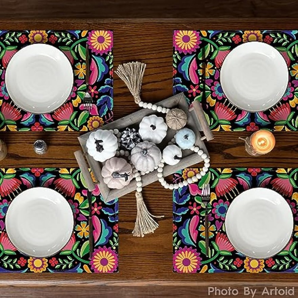 Linen Placemats Skulls Floral Day Of The Dead Halloween - Temu