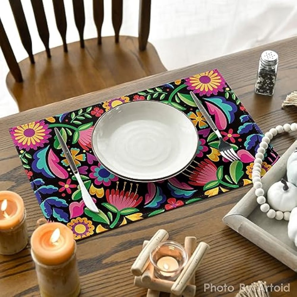 Linen Placemats Skulls Floral Day Of The Dead Halloween - Temu