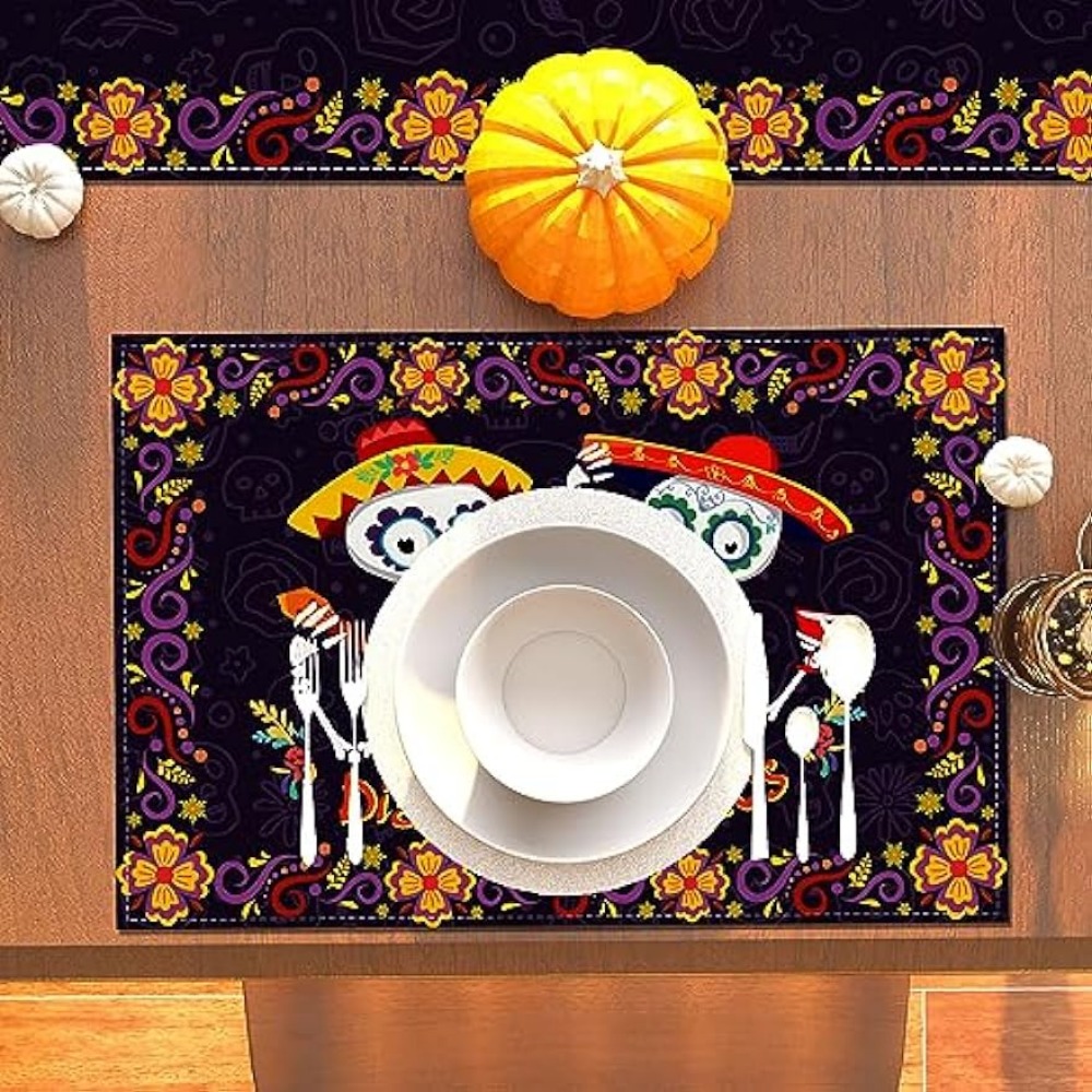 Linen Placemats Skulls Floral Day Of The Dead Halloween - Temu