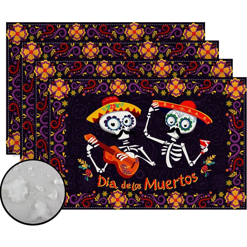 Linen Placemats Skulls Floral Day Of The Dead Halloween - Temu