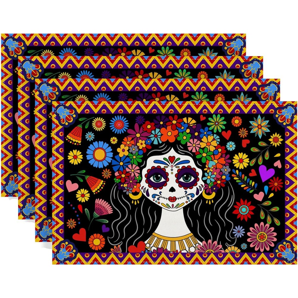 Linen Placemats Skulls Floral Day Of The Dead Halloween - Temu