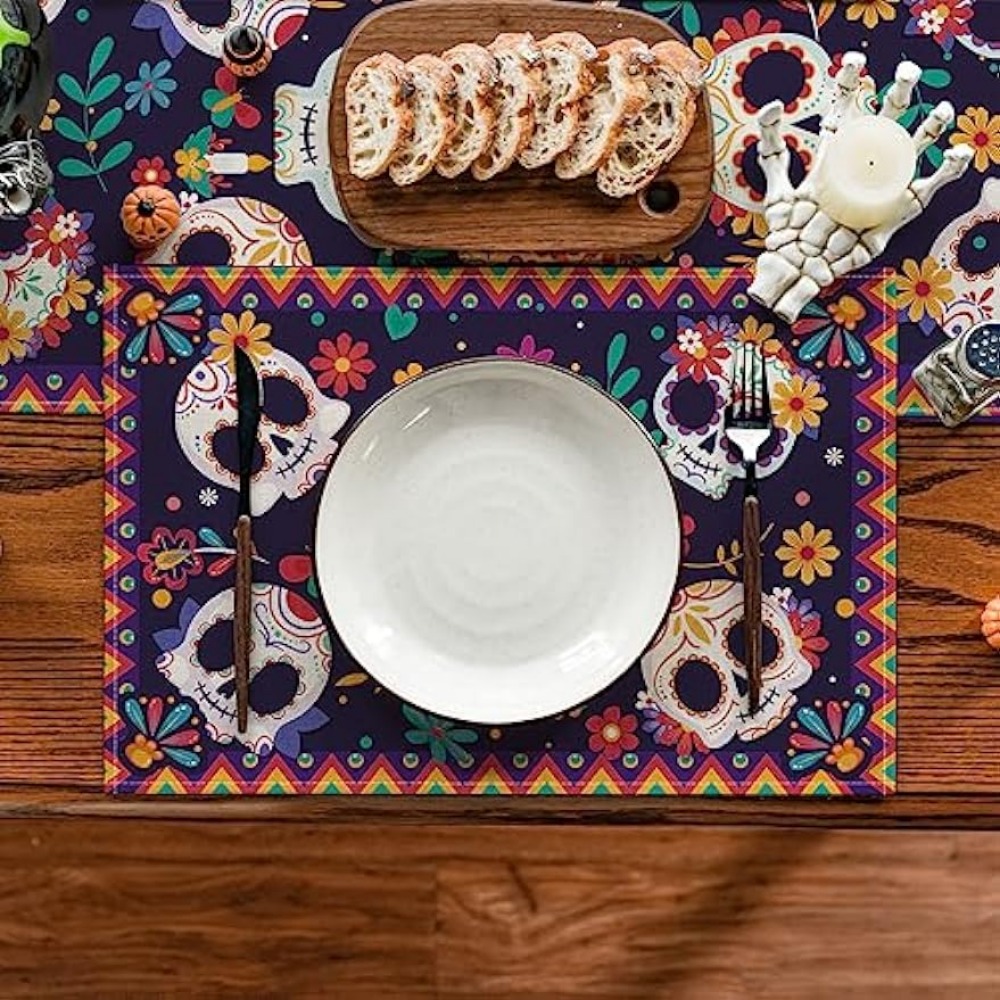 Linen Placemats Skulls Floral Day Of The Dead Halloween - Temu