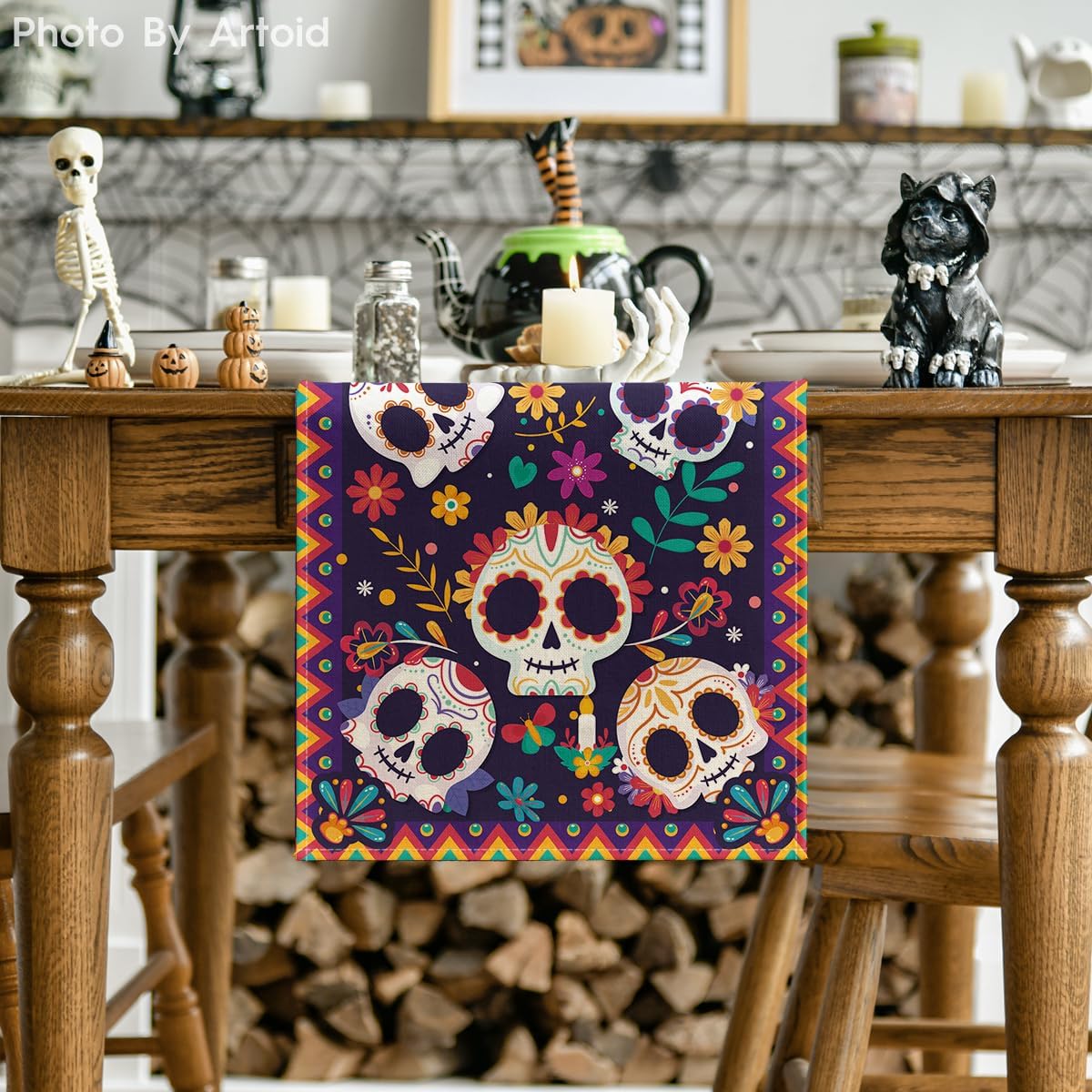 Linen Placemats Skulls Floral Day Of The Dead Halloween - Temu