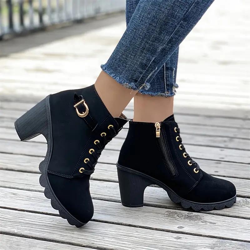 Block Heeled Short Boots Women s Casual Lace Side Zipper - Temu