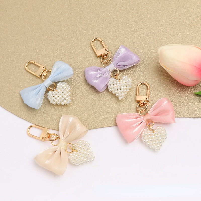 Pearl Ribbon Keychain Bow Heart Bag Charm Cute Love Key 