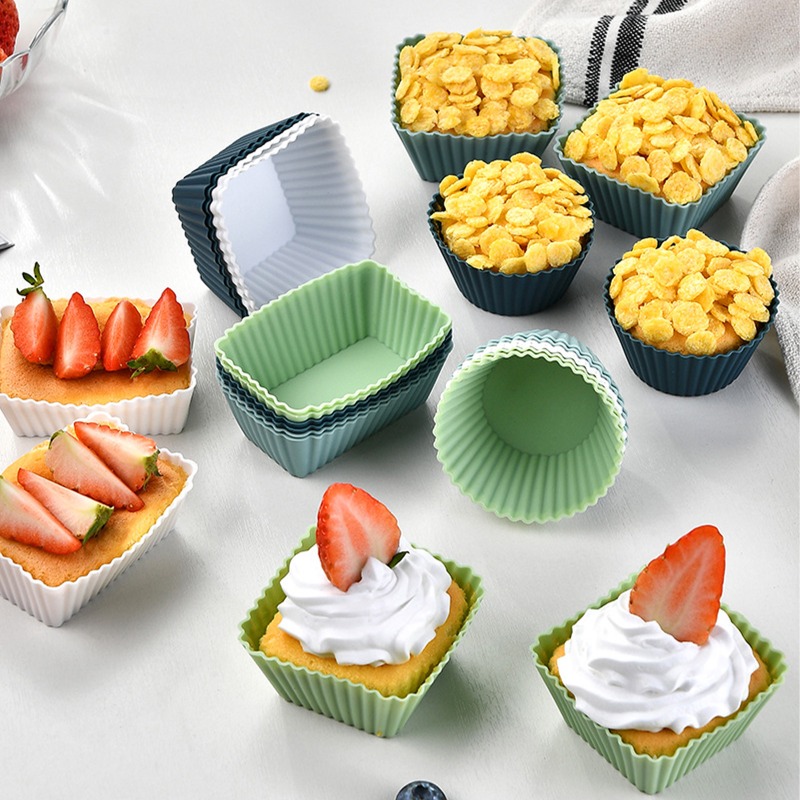 

12pcs Silicone Cupcake Cups Molds Round Square Rectangle Reusable Non-stick Muffin Cups Baking Multicolor Bento Lunch Box Dividers Kitchen Baking Tools