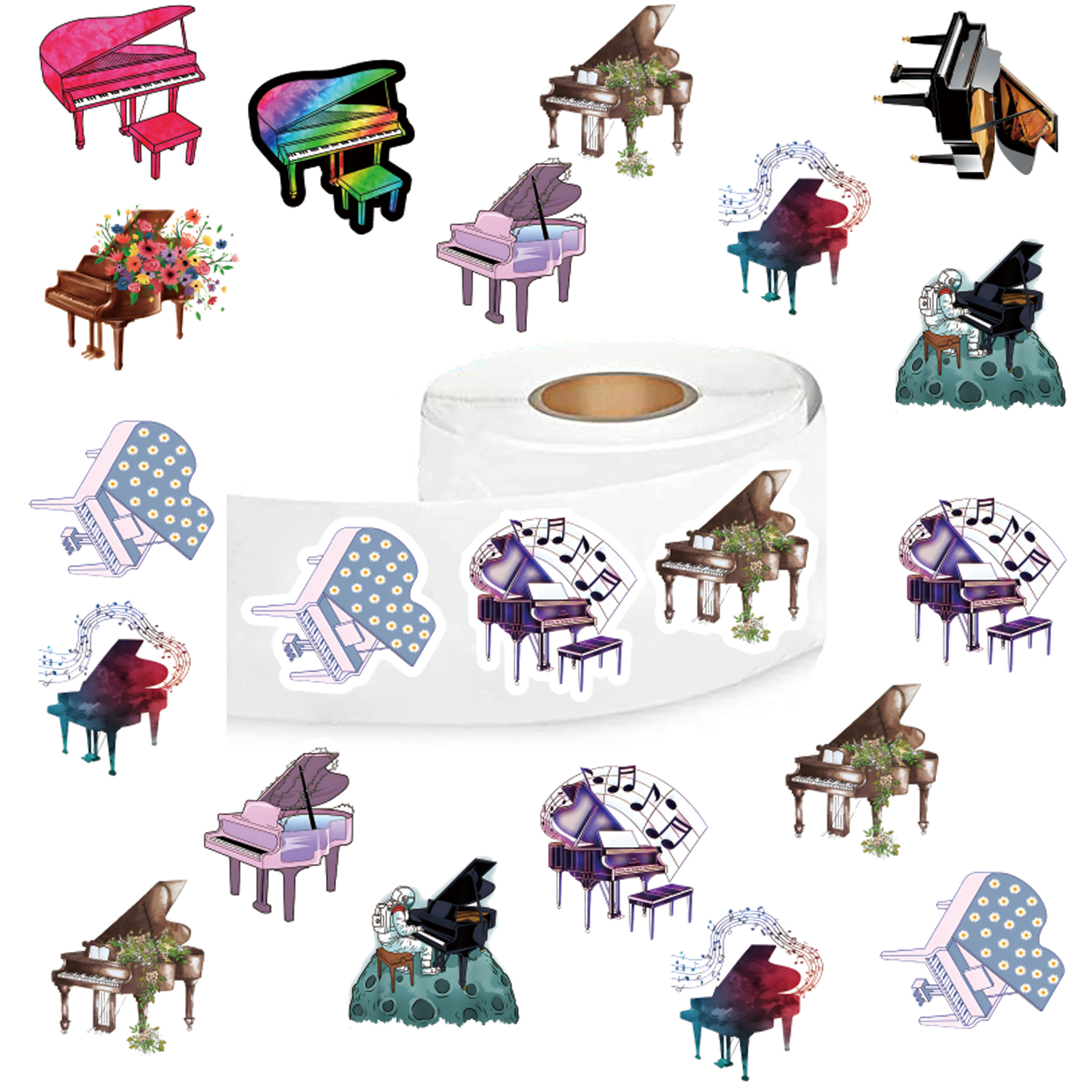 

500pcs Piano Stickers, Retro Aesthetics Decals Rolls Self Adhesive Seals For Scrapbooking Cards Envelopes Handmade, Gifts For Party Supply (1 Inch Labels/ 10 Patterns )
