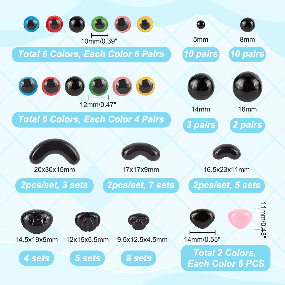 566Pcs 6mm-14mm Colorful Safety Eyes and Noses Set, Plastic Safety