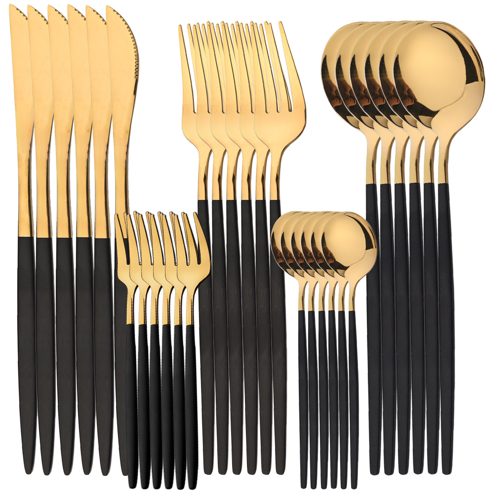 Ensemble De 30 Pièces Couverts Noirs Acier Inoxydable – Pour 6 Personnes – Couteaux, Fourchettes, Cuillères