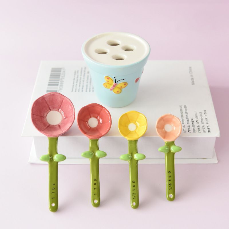 4Pcs Ceramic Flower Shaped Spoon Set with Base Baking Food Scale Measuring  Spoon Household Sugar Salt