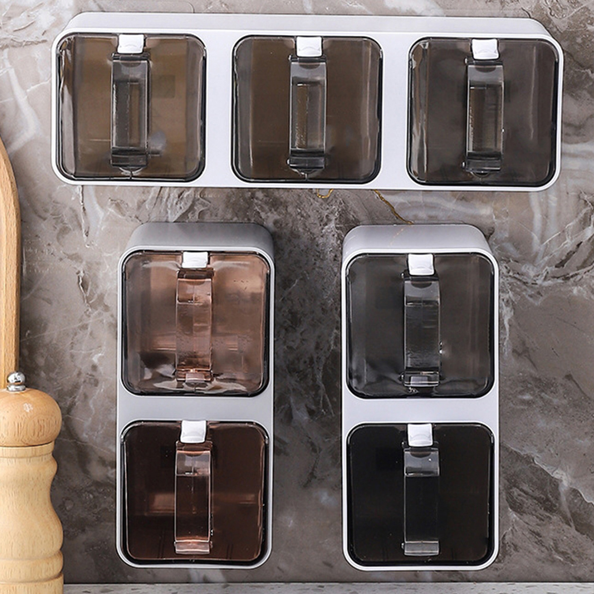 Wall Mounted Plastic Spice Jars Set with Spoon Kitchen Salt and