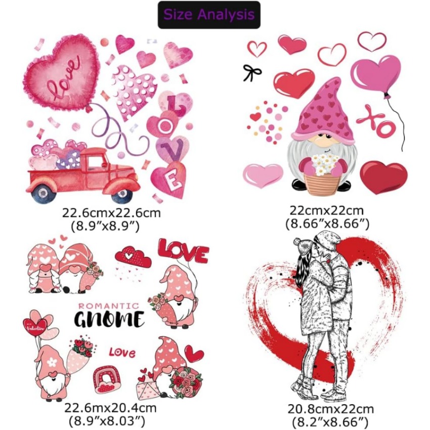 Valentines's Day Iron on Transfers Stickers, Iron on Decals Pink Red Heart  Gnome Heat Transfer Vinyl Iron on Patches for T Shirts Pillow Hoodie DIY