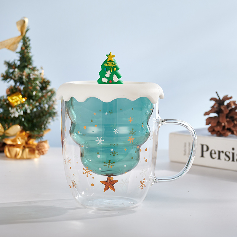 Cute Coffee Mug Tea Cup Milk Cup Double Layer Glass with Cup Lid for  Christmas A