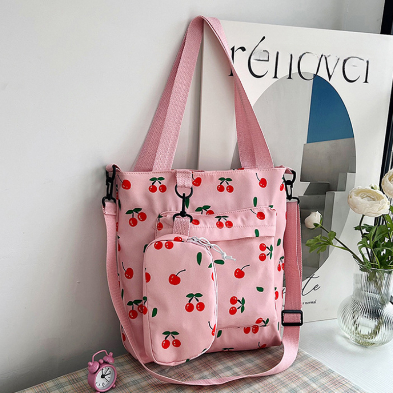 Kawaii Cherry Print Tote Bag, Large Capacity Shoulder Bag, Aesthetic Crossbody Bag For Students