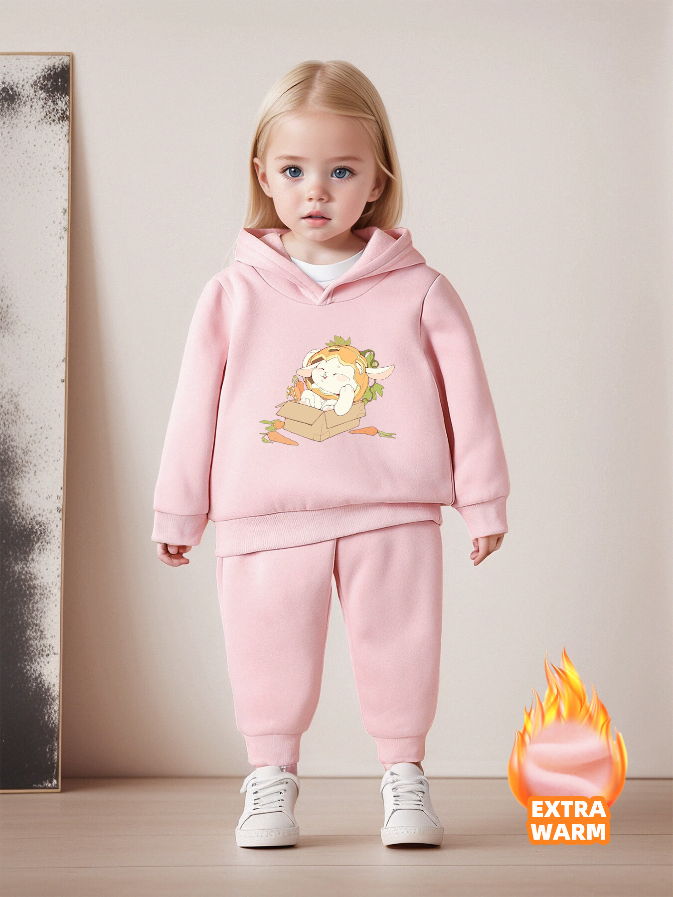 2 pièces pyjama polaire d'hiver pour enfants garçons et filles vêtements de  maison chauds de dessin animé rose-lapin