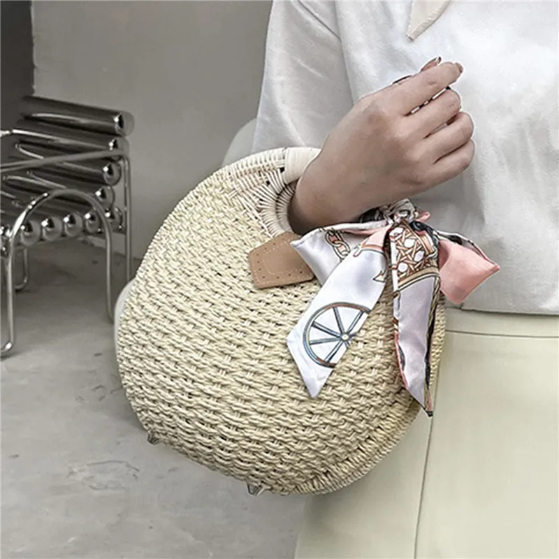 Rattan Woven Round Handbag, Shell Shaped Straw Tote Bag, Boho