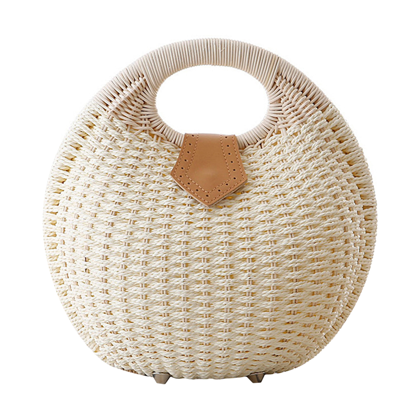 Rattan Woven Round Handbag, Shell Shaped Straw Tote Bag, Boho