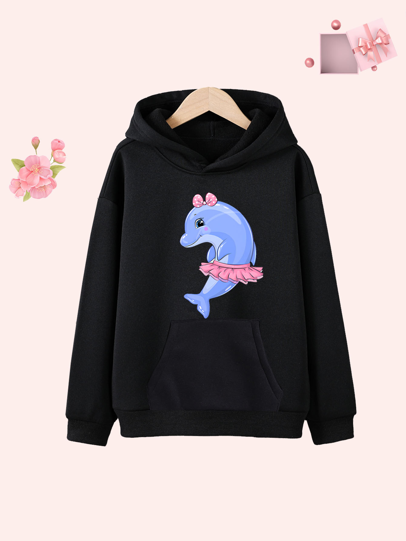 Cartoon Dolphin Print Hoodie For Kids, Casual Fleece Pullover
