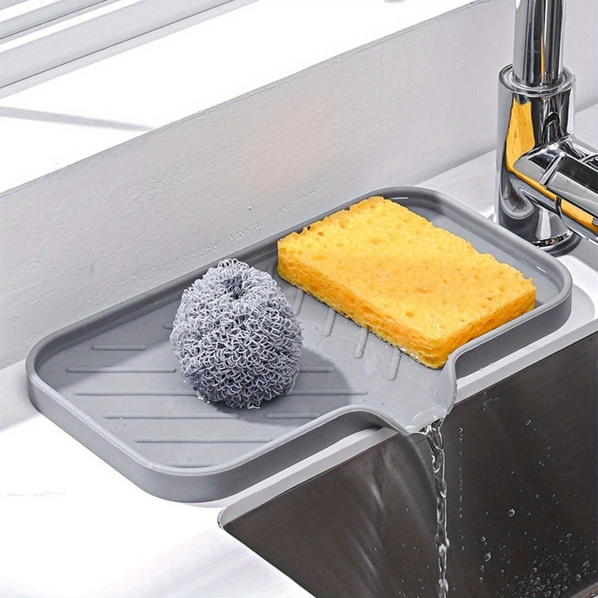 China Kitchen Sink Organizer Tray,Sponge Holder for Kitchen Sink Bathroom Counter Tray Sponge Silicone Soap Holder Gray 2pc