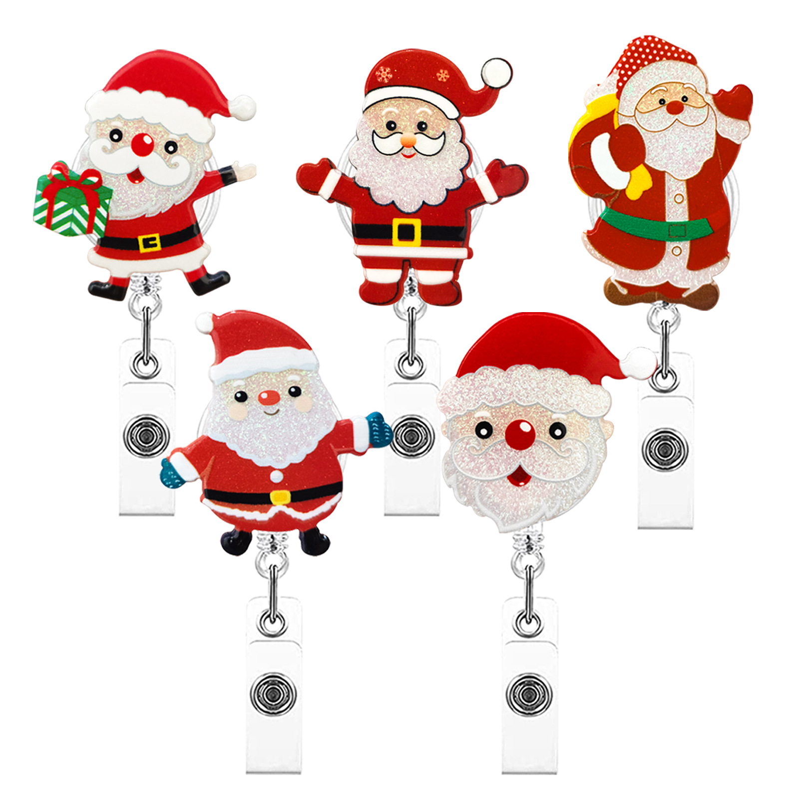 Christmas Acrylic Sparkling Santa Claus Retractable Rotating Badge Reels  With Alligator Clip, Cute ID Name Badge Reel Holders