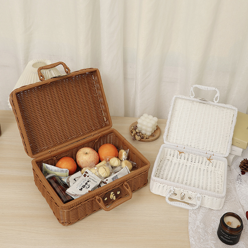 Maleta de mimbre de plástico retro, caja de maleta de ratán con cerradura  de correa de cuero, caja de almacenamiento de mimbre para picnic al aire