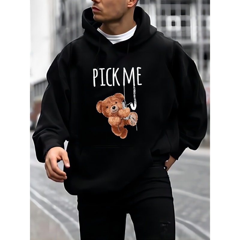 

Men's Long Sleeve Teddy Bear Print, Hoodies Street Casual Sports And Fashionable With Kangaroo Pocket Sweatshirt, Suitable For Outdoor Sports, For Autumn And Winter, Fashionable And Versatile