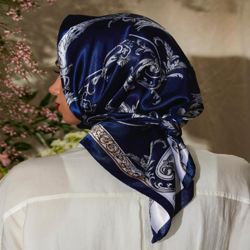 Navy blue scarf, Large pure silk scarf