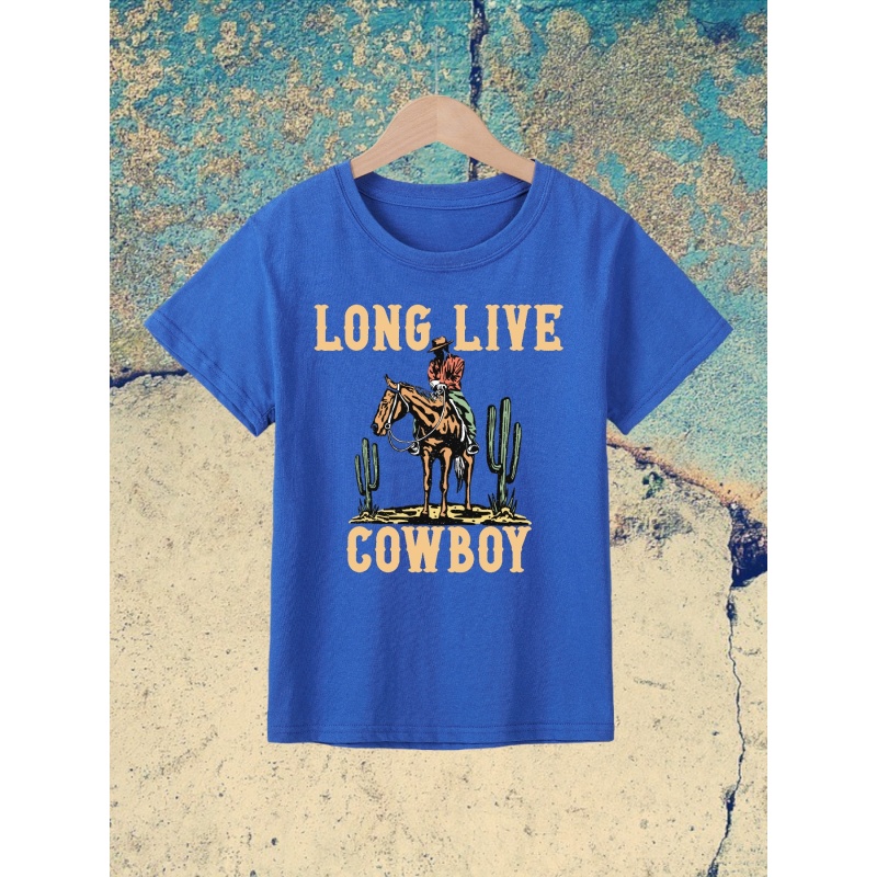 

Stylish Cowboy Print Boys Meaningful T-shirt, Cool, Versatile & Smart Short Sleeve Tee For Toddler Kids, Gift Idea