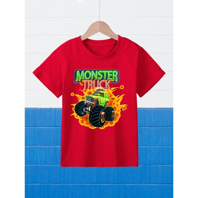 

Trendy Cool Monster Trucks Print Boys Meaningful T-shirt, Cool, Versatile & Smart Short Sleeve Tee For Toddler Kids, Gift Idea