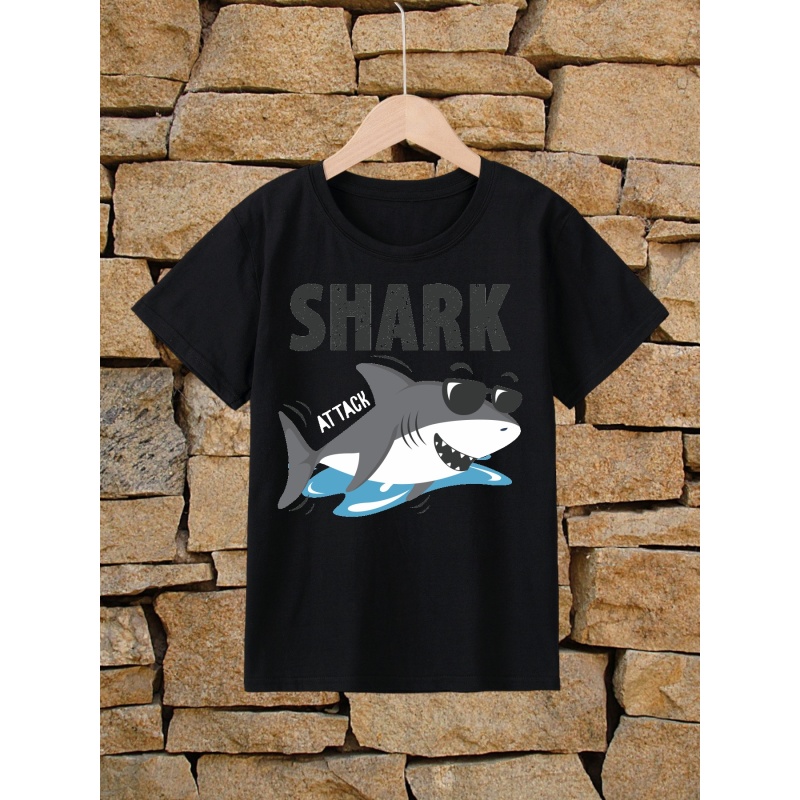 

Teen Boys Round Neck Short Sleeve T-shirts Cute Cartoon Shark Pattern Comfy Breathable Soft T-shirt Top As Gifts