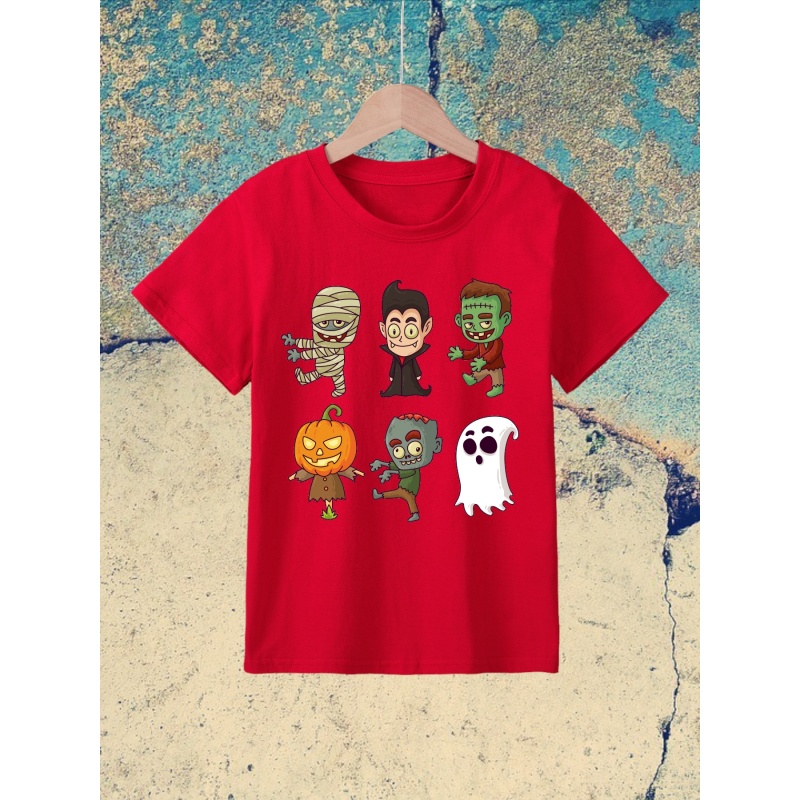 

Halloween Cartoon Monster Print Boys Meaningful T-shirt, Cool, Versatile & Smart Short Sleeve Tee For Toddler Kids, Gift Idea