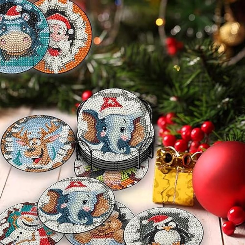 Diamond Painting Coasters, 8Pcs 5D Christmas Diamond Art Kits for Adults  Kids, C