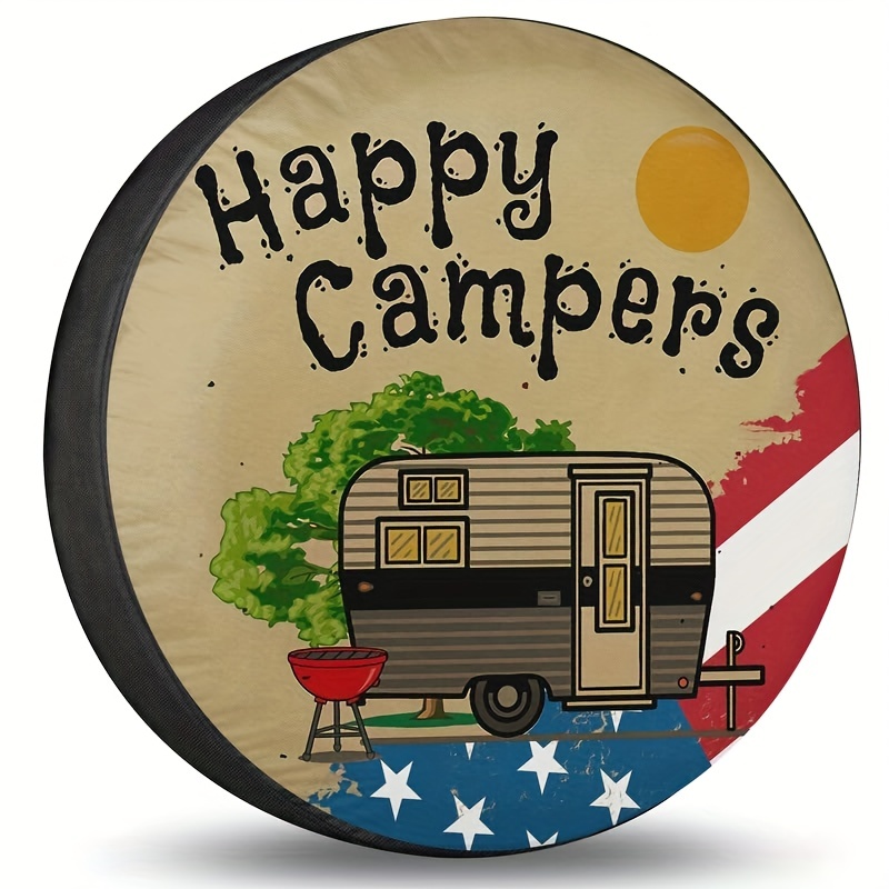 Spare Wheel Tire Cover Happy Camper Flag Spare Tire Cover Wheel Protectors  Weatherproof For Camper Trailer Truck Travel Trailer SUV RV Universal Fits