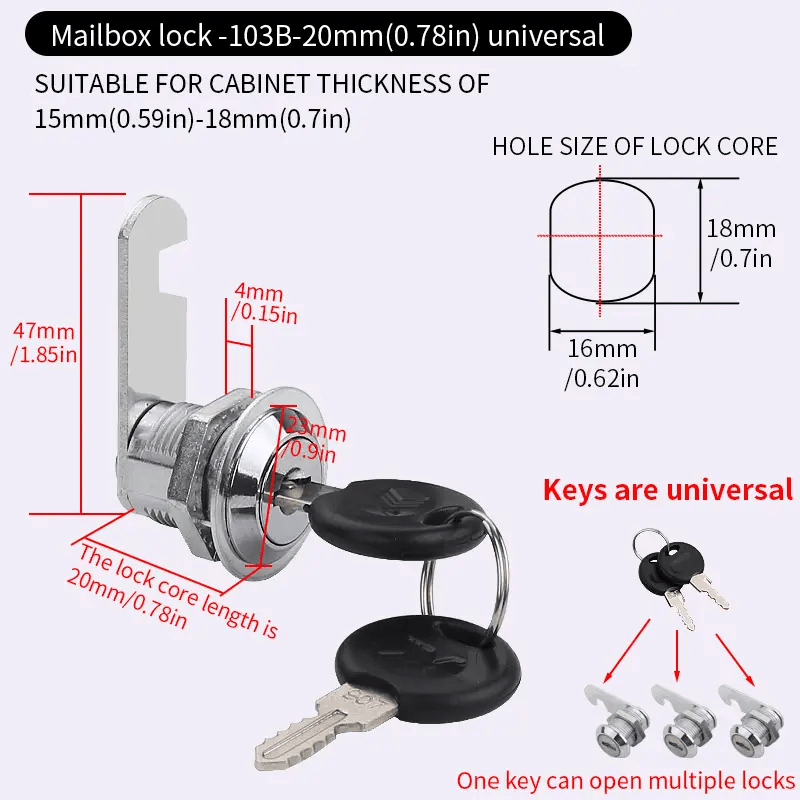 XMHF 16mm Cylinder Cam Lock Mailbox Cabinet Cupboard Drawer Furniture Tool  Box Locker,90 Degree Rotation,Opens Counter-Clockwise, Keyed Different