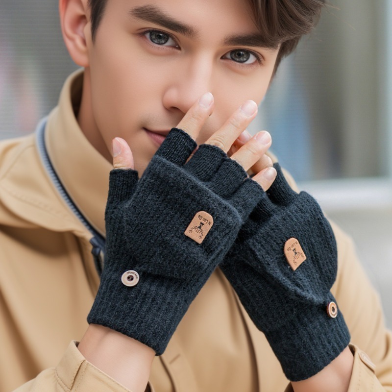 Casual Blue 1pair Gloves, Men's Winter Outdoor Half Finger Flip Warm Gloves,Temu