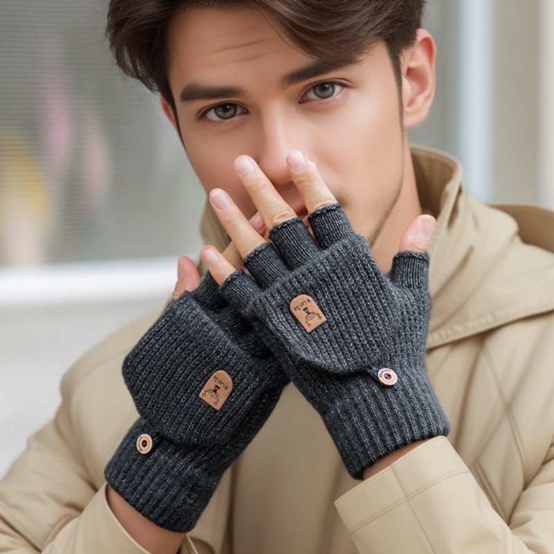 1pair Winter Half Finger Gloves For Mens Autumn And Winter Knitted