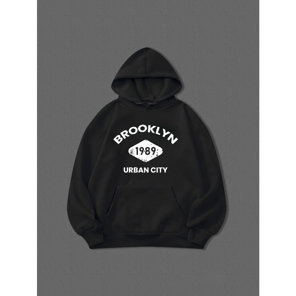 

Brooklyn 1989 Print Hoodies For Men, Graphic Hoodie With Kangaroo Pocket, Comfy Loose Drawstring Trendy Hooded Pullover, Mens Clothing For Autumn Winter